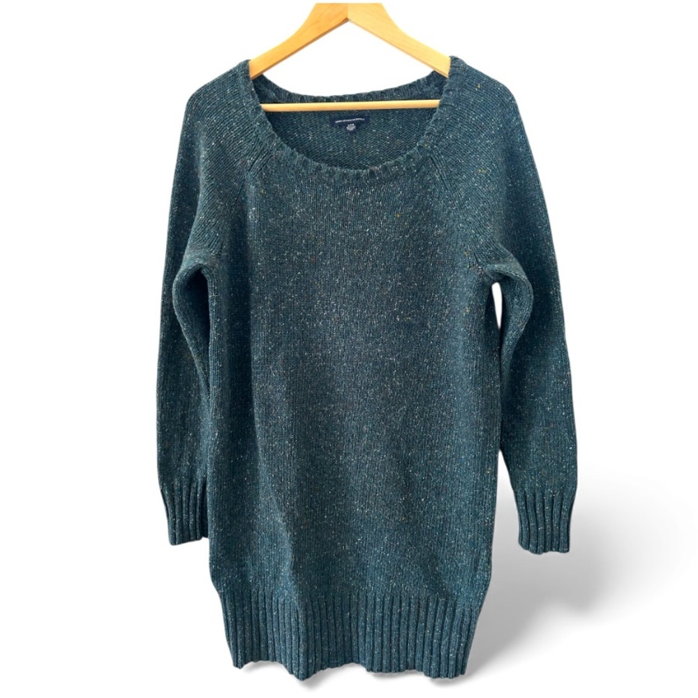 American Eagle Wool/Silk Blend Dusty Blue Evergreen Ribbed Scoop Sweater Dress